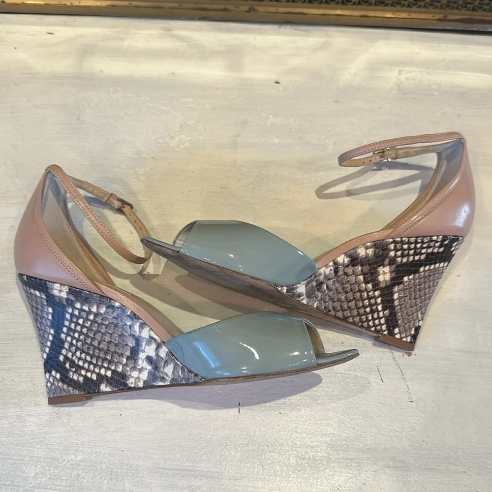 L.K. Bennett Coco Eau De Nil Wedge Shoes Leather Made Spain Size 38.5 High Heels